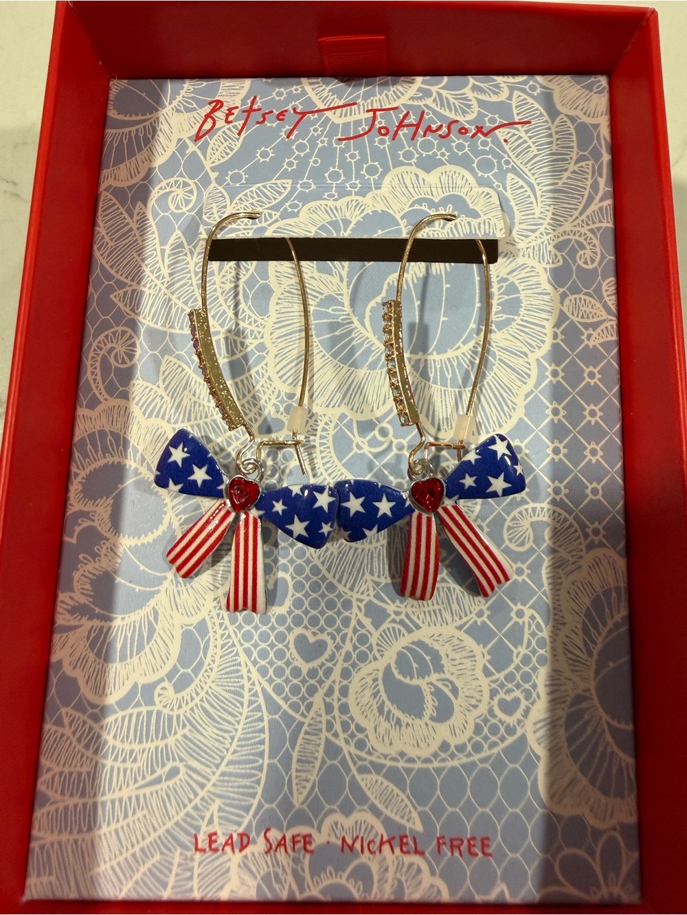 Betsey Johnson Red, White & Blue Star Bow Dangle Earrings